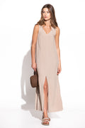 VESTIDO LISO COMPRIDO COM CONTRASTES