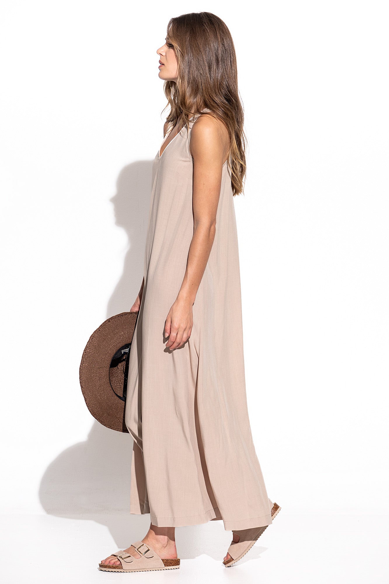 VESTIDO LISO COMPRIDO COM CONTRASTES