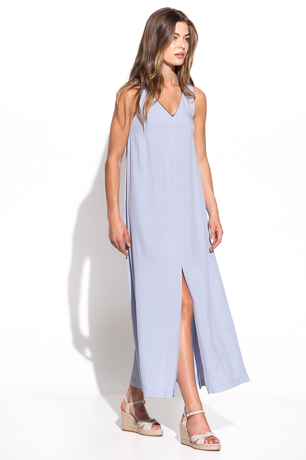 VESTIDO LISO COMPRIDO COM CONTRASTES